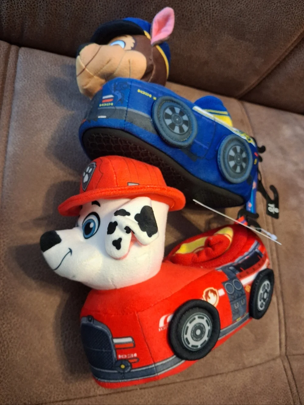 Paw Patrol Chase and Marshall Plush Vehicle Slippers Pair - Blue & Red Size 9-10